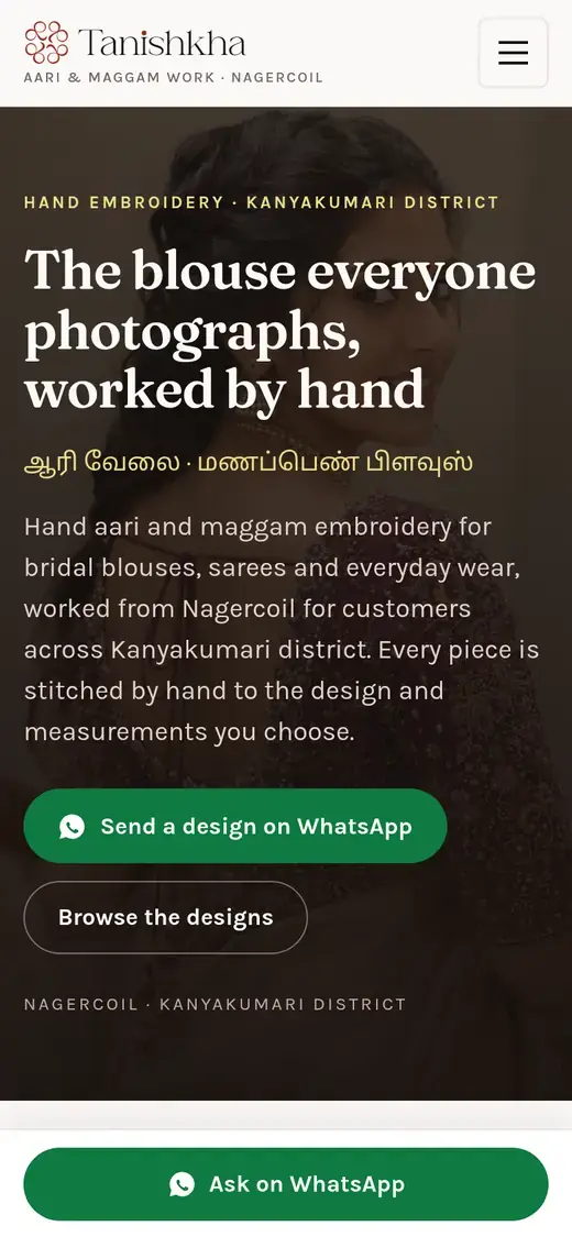 Tanishkha Aari homepage on a phone with a Send a design on WhatsApp button