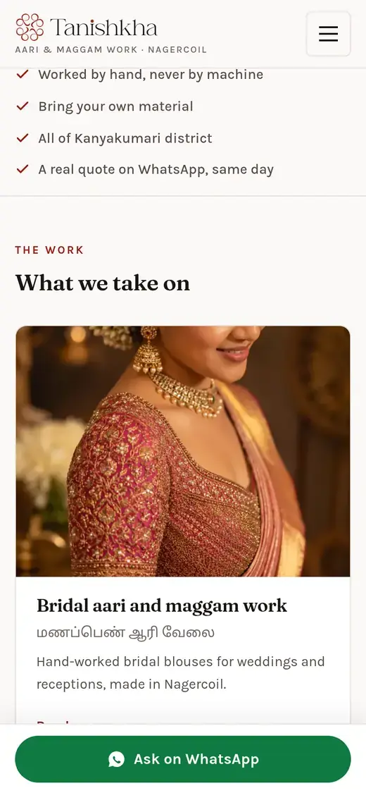 Tanishkha Aari service cards on a phone with English and Tamil headings