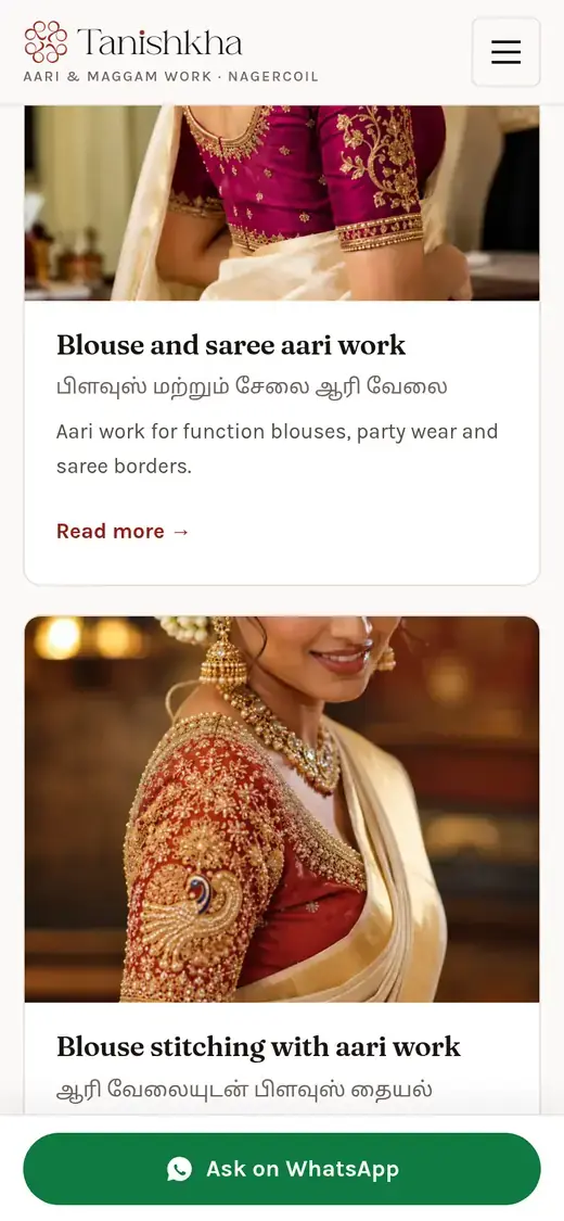 Tanishkha Aari blouse and saree work on a phone