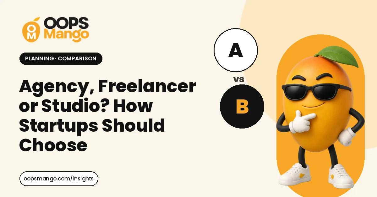 Illustration for “Agency, Freelancer or Studio? How Startups Should Choose”: the OOPS Mango mascot beside the article title.