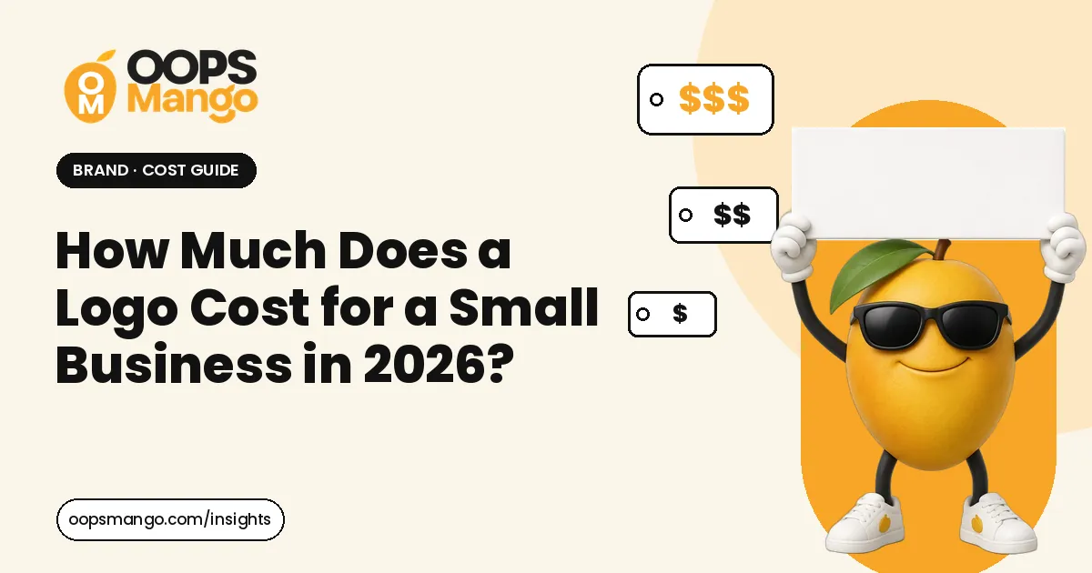 Illustration for “How Much Does a Logo Cost for a Small Business in 2026?”: the OOPS Mango mascot beside the article title.