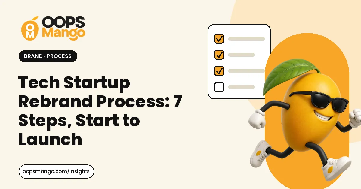 Illustration for “Tech Startup Rebrand Process: 7 Steps, Start to Launch”: the OOPS Mango mascot beside the article title.