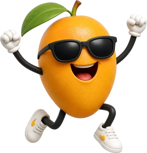 The OOPS Mango mascot celebrating with both arms raised