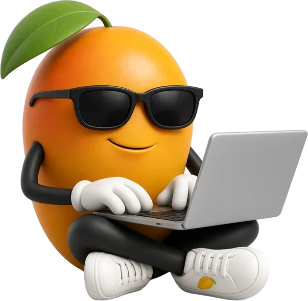 The OOPS Mango mascot coding on a laptop
