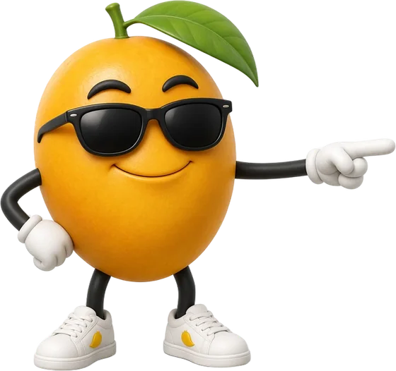 The OOPS Mango mascot in sunglasses, pointing at the work