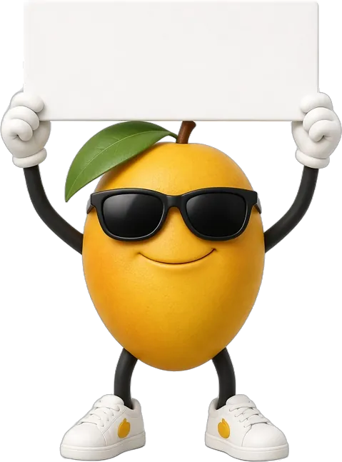 The OOPS Mango mascot holding up a sign
