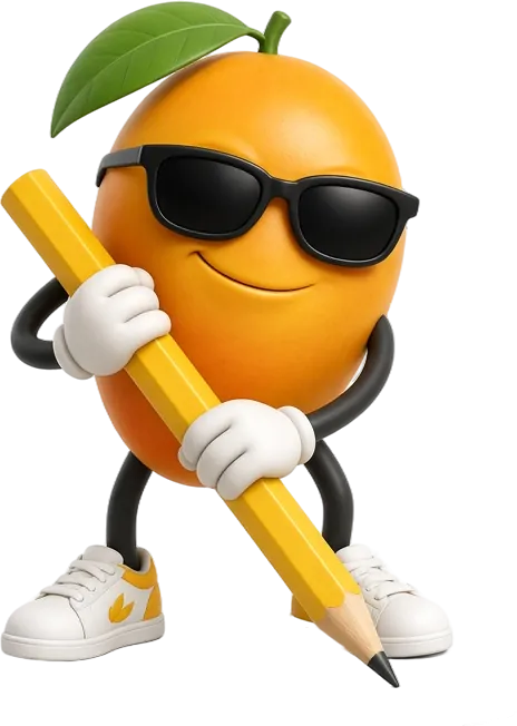 The OOPS Mango mascot holding a giant pencil