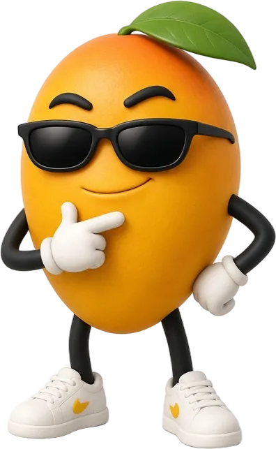 The OOPS Mango mascot thinking, hand on chin
