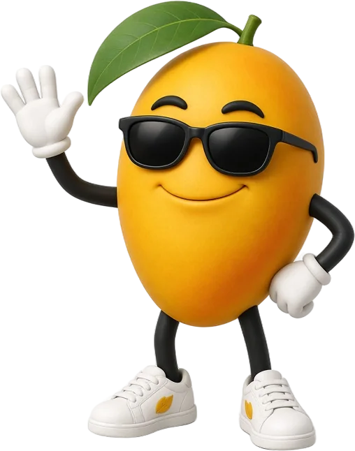 The OOPS Mango mascot in sunglasses, waving hello
