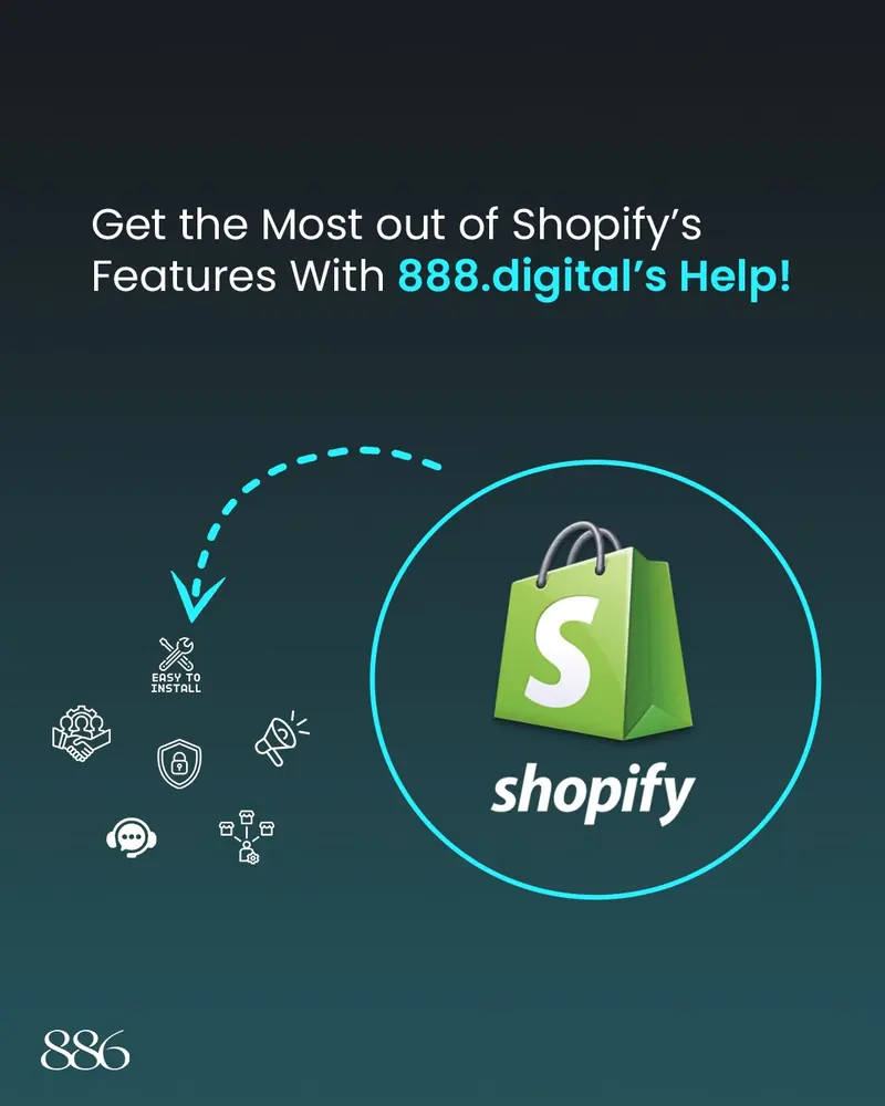 886 Digital post: Get the most out of Shopify’s features with 886 Digital’s help, with a glowing Shopify bag inside a cyan ring.