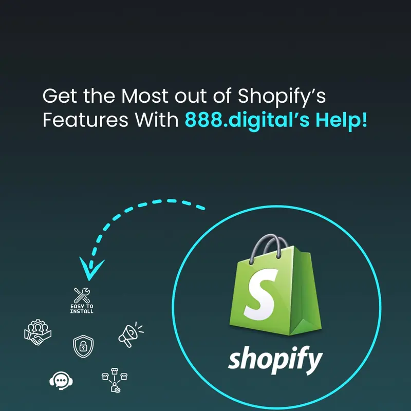 886 Digital post: Get the most out of Shopify’s features with 886 Digital’s help, with a glowing Shopify bag inside a cyan ring.