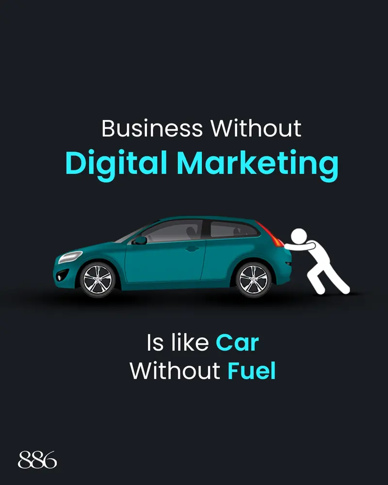 886 Digital post: Business without digital marketing is like a car without fuel, with a figure pushing a teal car.