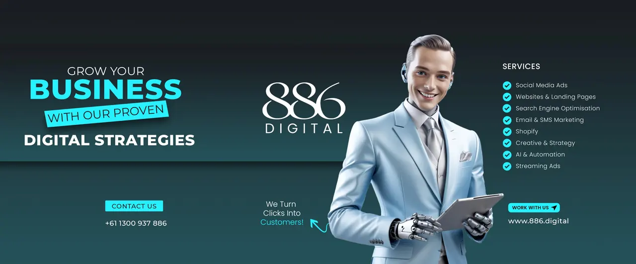 The 886 Digital launch panorama: three posts that join into one image. Grow your business with our proven digital strategies, a smiling man in a light blue suit holding a tablet beside the 886 Digital logo, and a list of services.
