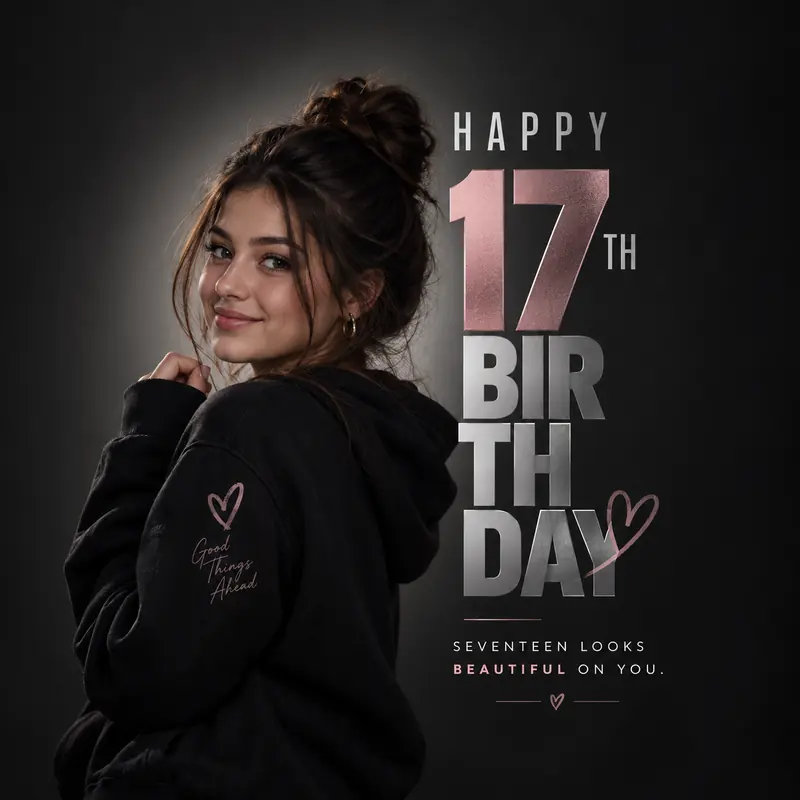 17th birthday poster on black: a teenager in a dark hoodie looks over her shoulder beside tall rose-tinted “Happy 17th Birthday” lettering and the line Seventeen looks beautiful on you.