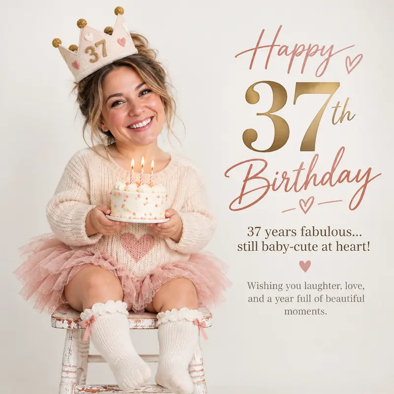 37th birthday poster: a woman in a tutu and paper crown sits on a small chair holding a cake, beside gold script “Happy 37th Birthday” and the line 37 years fabulous, still baby-cute at heart.