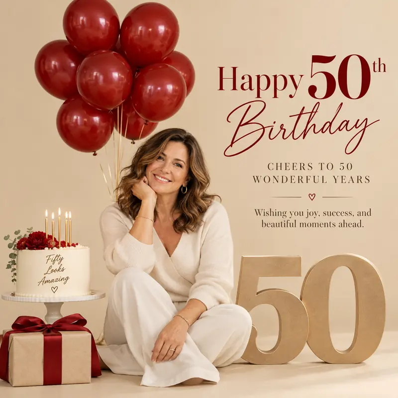 50th birthday poster on beige: a woman in cream sits among red balloons, a gift and a cake beside gold 50 numbers, with deep red script “Happy 50th Birthday, cheers to 50 wonderful years”.