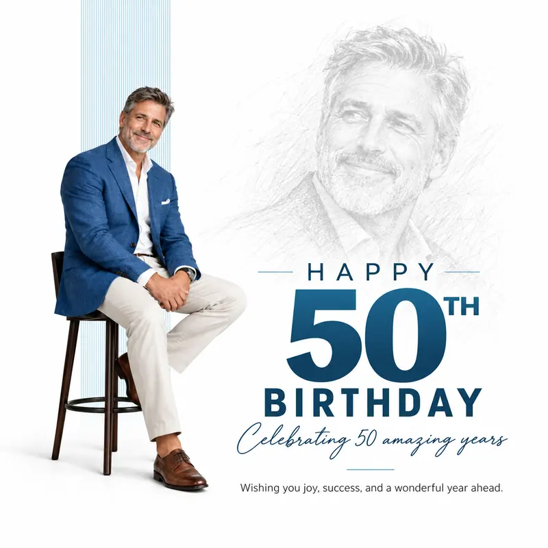 50th birthday card: a man in a blue blazer sits on a stool beside a pencil sketch portrait of himself, with navy headline “Happy 50th Birthday, celebrating 50 amazing years”.