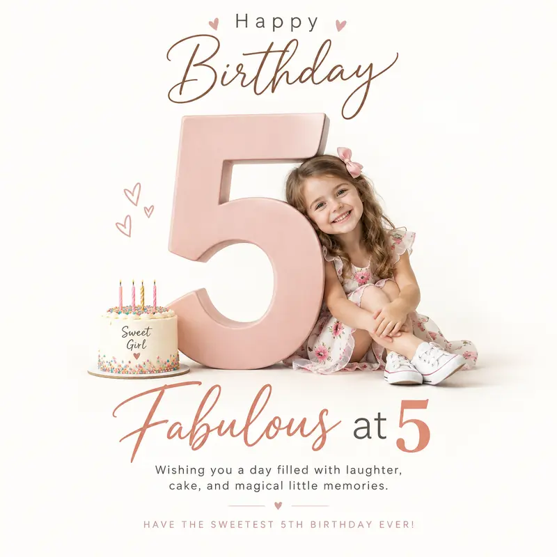 Fifth birthday poster in blush pink: a little girl sits beside a giant pink number 5 and a birthday cake, under script “Happy Birthday” and the headline “Fabulous at 5”.