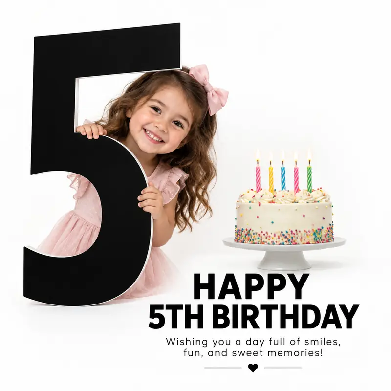Fifth birthday poster: a smiling girl with a pink bow peeks around a giant black number 5 beside a rainbow sprinkle cake with candles. Headline: “Happy 5th Birthday”.
