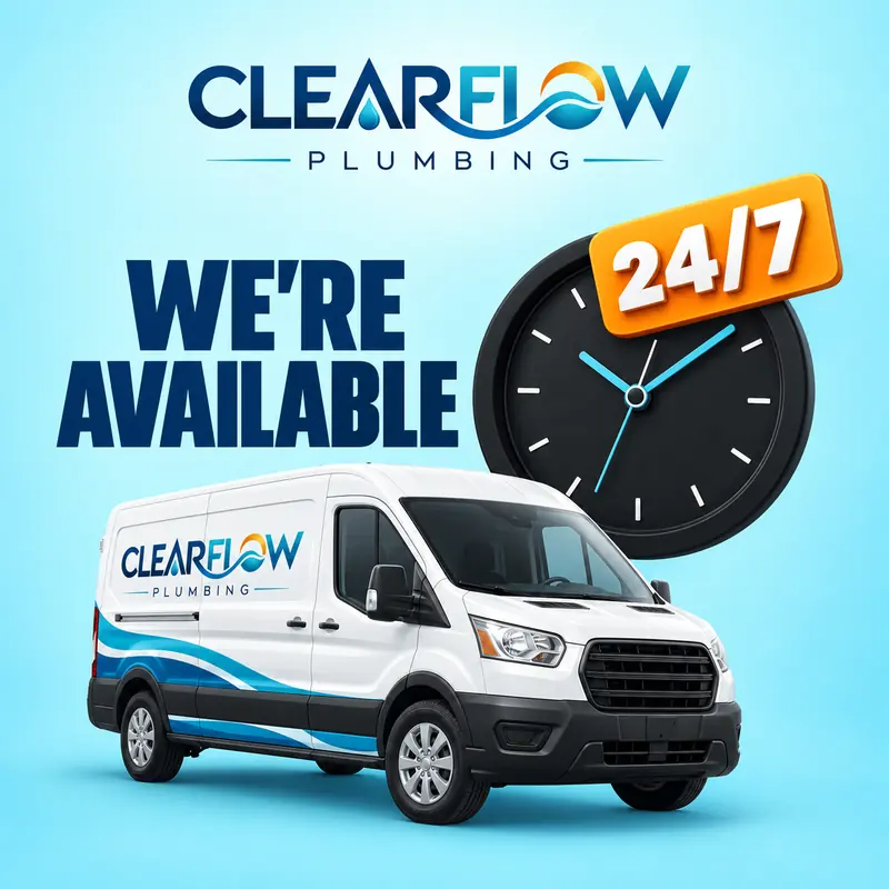 ClearFlow Plumbing post: a white branded service van beside a big wall clock with an orange 24/7 tag, under the headline “We’re available”.