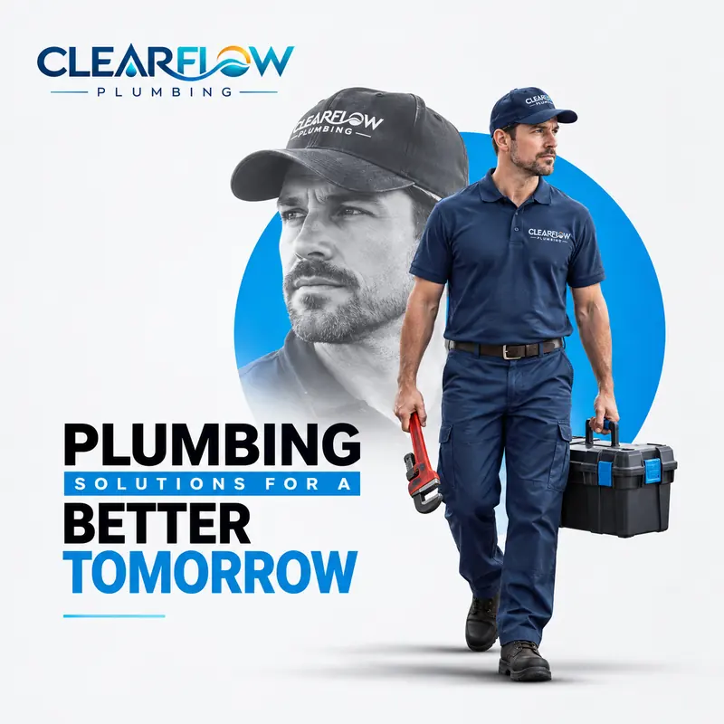 ClearFlow Plumbing post: a plumber in a cap walks forward with a toolbox and wrench in front of a large portrait of his face, headline “Plumbing solutions for a better tomorrow”.