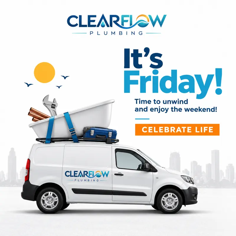 ClearFlow Plumbing weekend post: the branded van carries a bathtub and tools under a bright sun, with the headline “It’s Friday! Time to unwind and enjoy the weekend” and a Celebrate life tag.