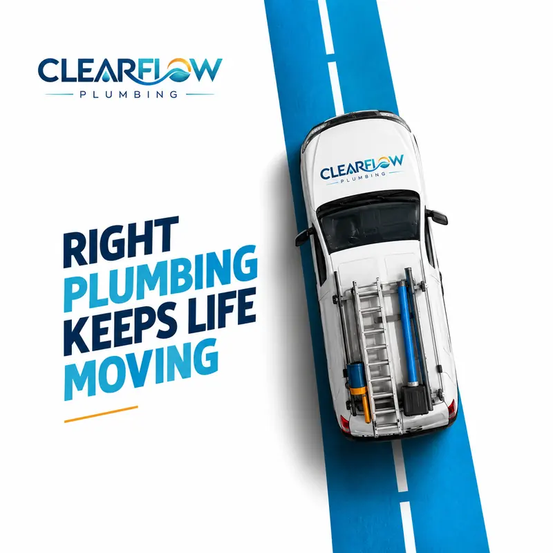 ClearFlow Plumbing post: seen from above, the white service van drives along a blue road that cuts across the post, beside the headline “Right plumbing keeps life moving”.