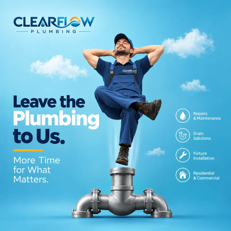 ClearFlow Plumbing post on sky blue: a plumber balances on a giant pipe with his hands behind his head. Headline: “Leave the plumbing to us. More time for what matters”, with service icons for repairs, drains and fixtures.