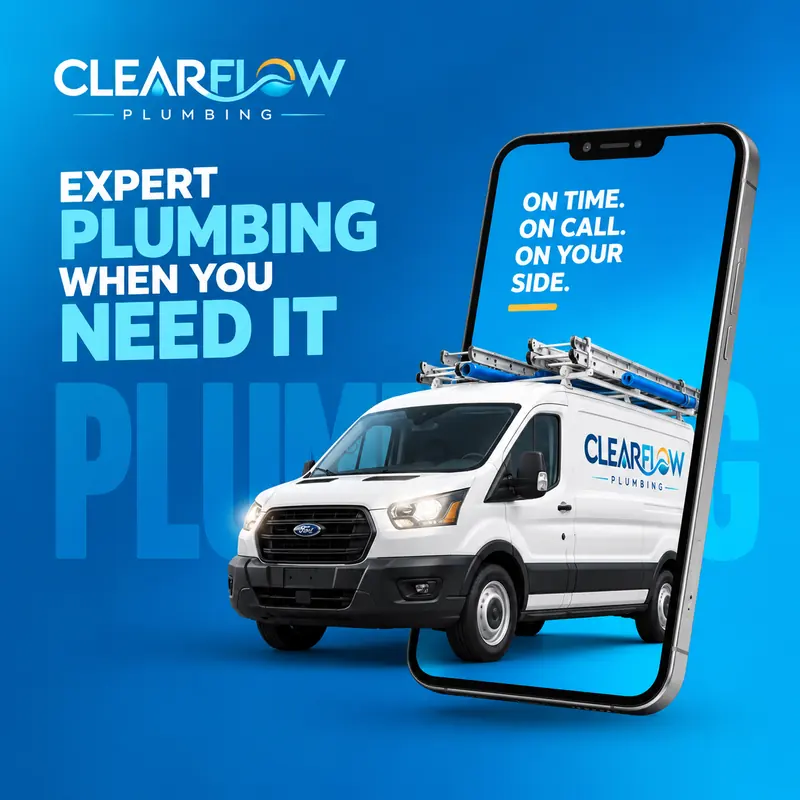 ClearFlow Plumbing post on blue: the branded van drives out of a giant phone screen reading On time, on call, on your side, beside the headline “Expert plumbing when you need it”.