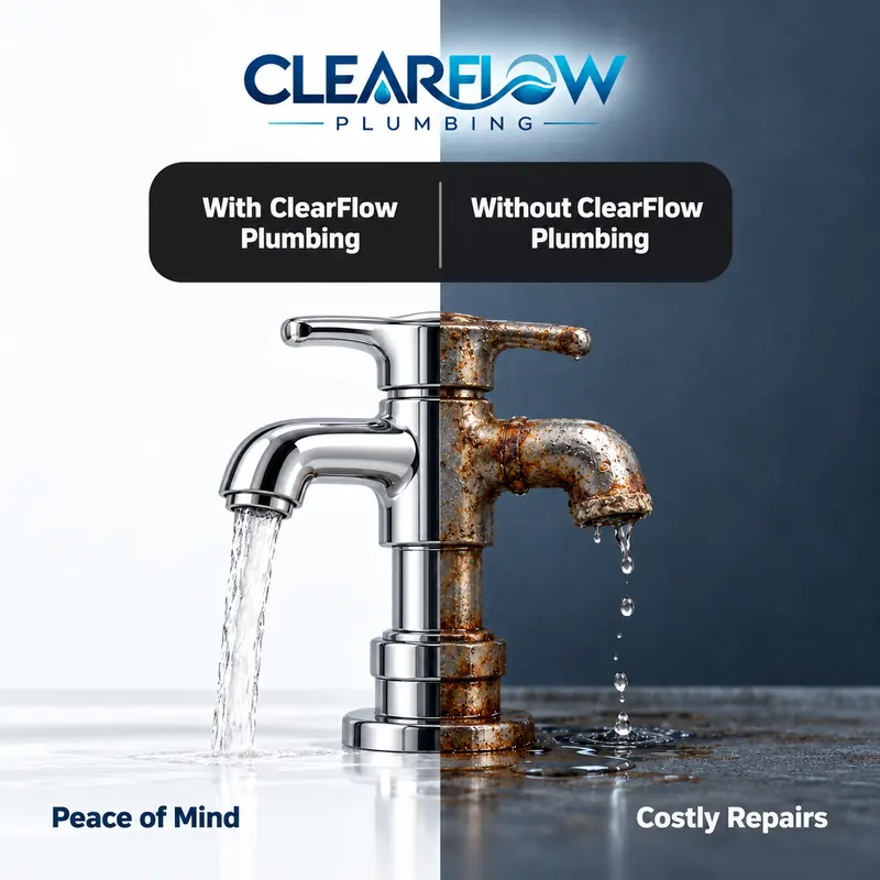 ClearFlow Plumbing before and after post: a split image of a clean running faucet labelled With ClearFlow Plumbing, Peace of mind, next to a rusty leaking one labelled Without, Costly repairs.
