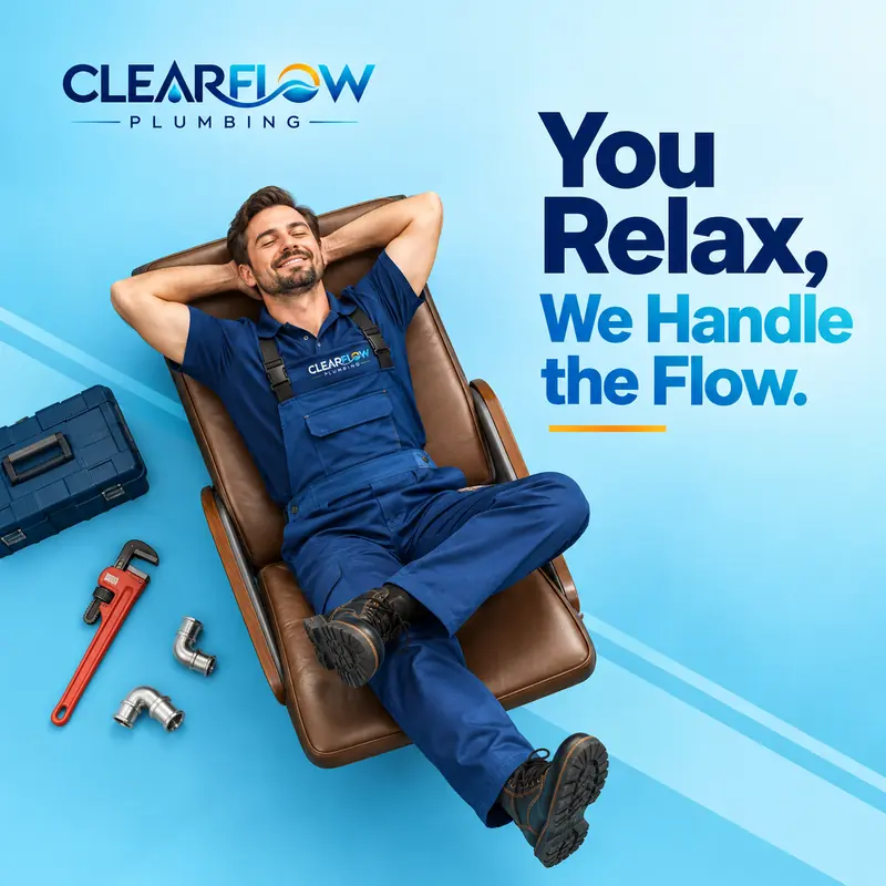 ClearFlow Plumbing post: a smiling plumber in navy overalls leans back in a recliner with his tools on the floor, beside the headline “You relax, we handle the flow.”