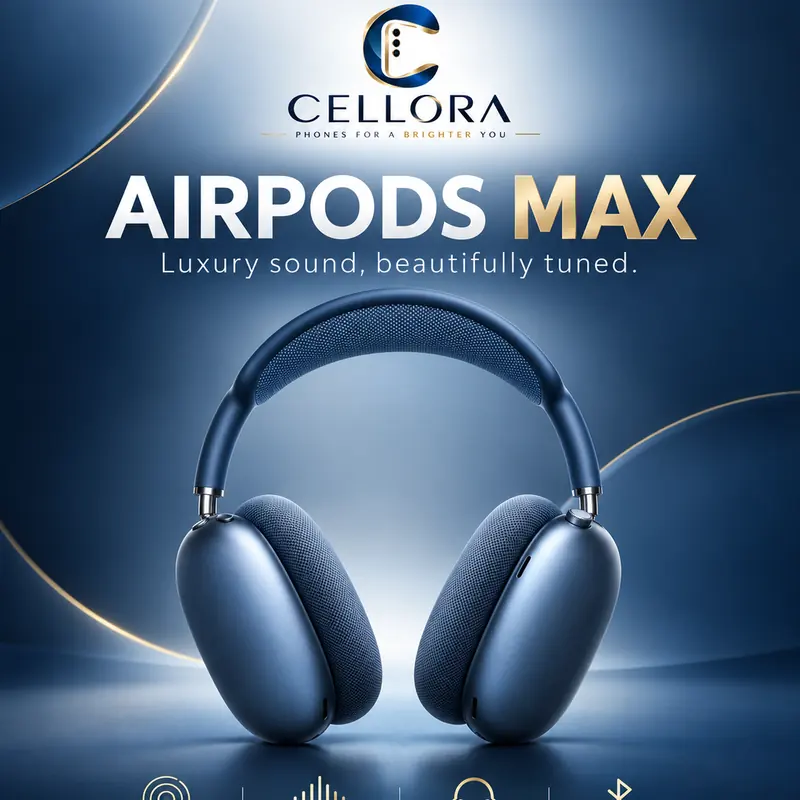 Cellora ad for AirPods Max: blue over-ear headphones glow on a deep navy background under the headline “AirPods Max, luxury sound, beautifully tuned”, with a Shop now button.