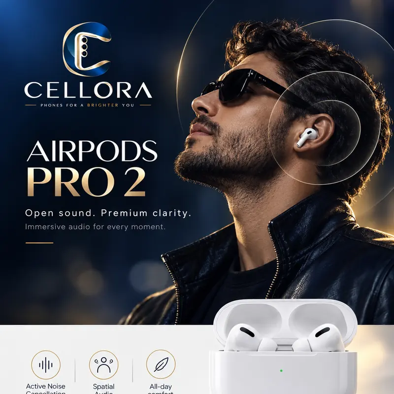 Cellora ad for AirPods Pro 2: a man in sunglasses wearing an earbud, gold headline “AirPods Pro 2, open sound, premium clarity”, with the charging case in the foreground and icons for noise cancellation, spatial audio and all-day comfort.