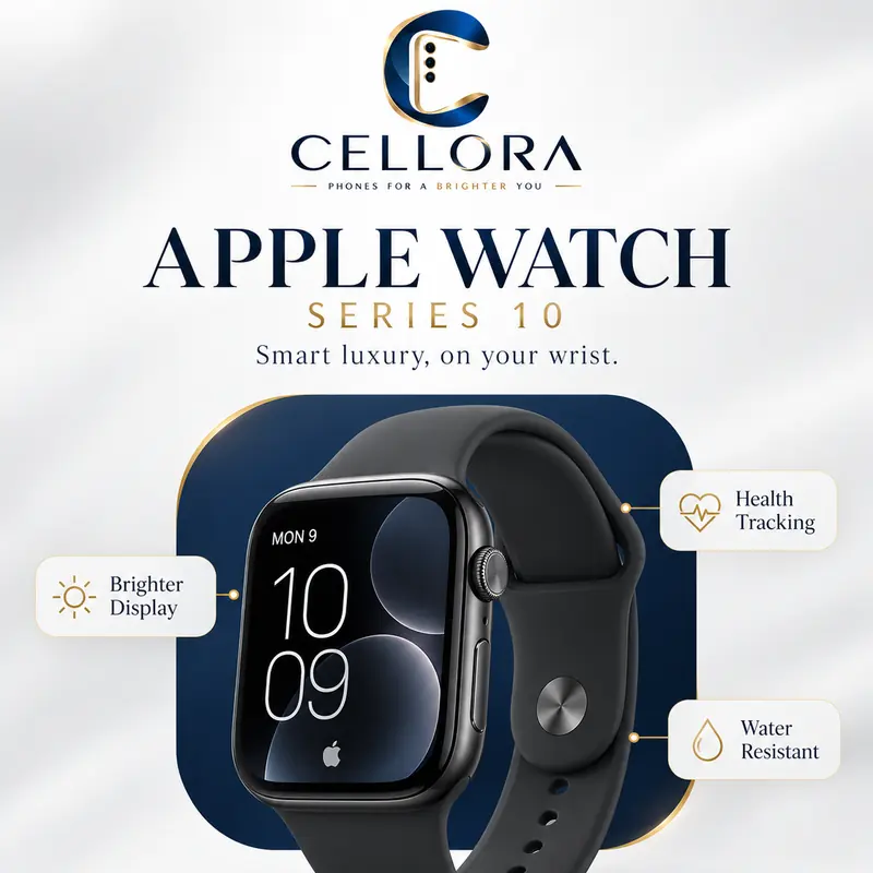 Cellora ad for Apple Watch Series 10: a black watch on a white and navy card, headline “Smart luxury, on your wrist”, with callouts for a brighter display, health tracking and water resistance.