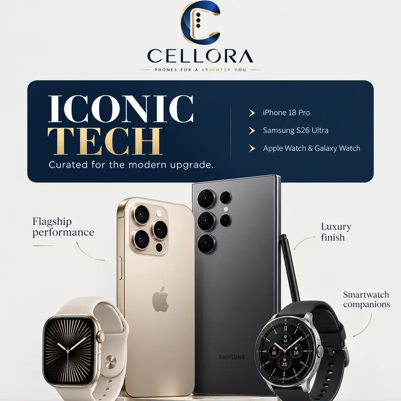 Cellora showcase post: a navy panel reads “Iconic tech, curated for the modern upgrade” above two flagship phones and two smartwatches on round podiums, labelled Flagship performance and Luxury finish.