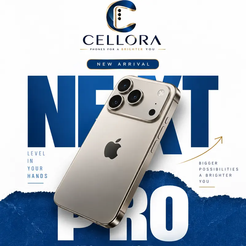 Cellora ad for iPhone 18 Pro: a titanium iPhone stands in front of giant blue “NEXT PRO” lettering on white, tagged New arrival, with a Designed for your brighter upgrade line and three feature icons for the titanium finish, pro camera and all-day power.
