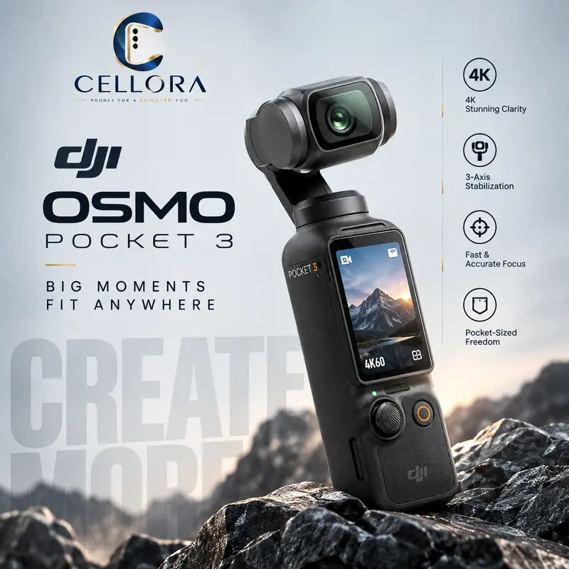 Cellora ad for the DJI Osmo Pocket 3: the pocket camera stands on a mountain rock under the headline “Big moments fit anywhere”, with feature tags for 4K video and stabilization.