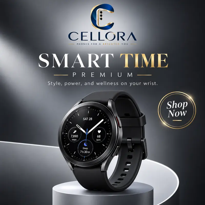 Cellora ad: a black smartwatch on a dark podium under gold “SMART TIME, Premium” lettering, with a Shop now badge and icons for calling, battery, health tracking and water resistance.