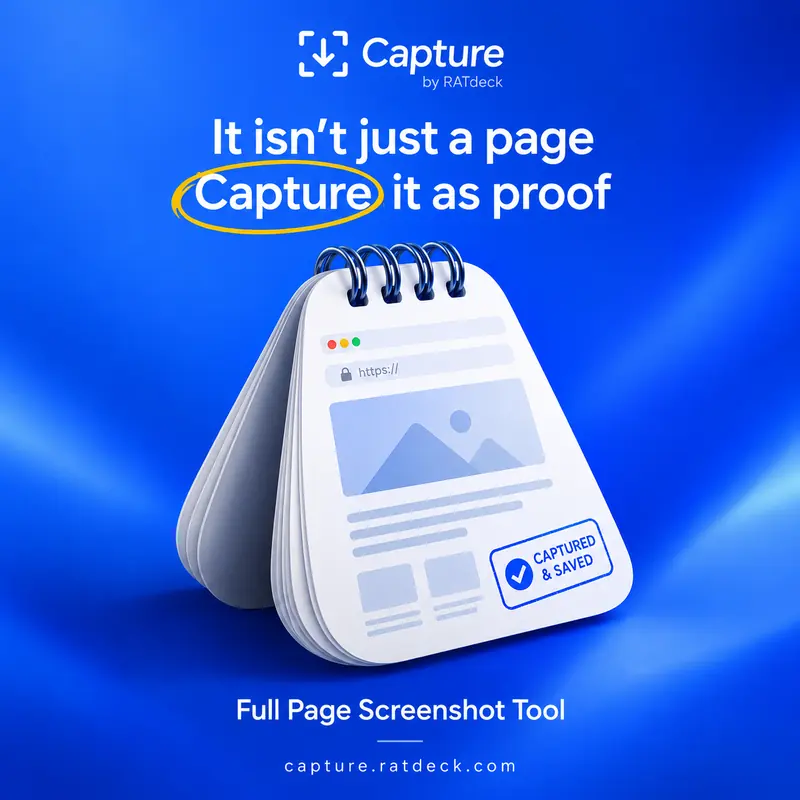 Capture by RATdeck post on blue: “It isn’t just a page. Capture it as proof”, with “Capture” circled in yellow. A 3D spiral-bound flip calendar shows a web page wireframe and a “Captured & saved” stamp. Footer: Full Page Screenshot Tool, capture.ratdeck.com.