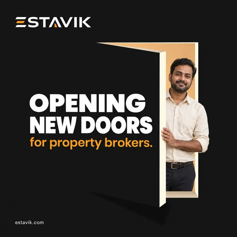 Estavik post on black: a broker steps through a glowing open door. Headline: “Opening new doors for property brokers.”