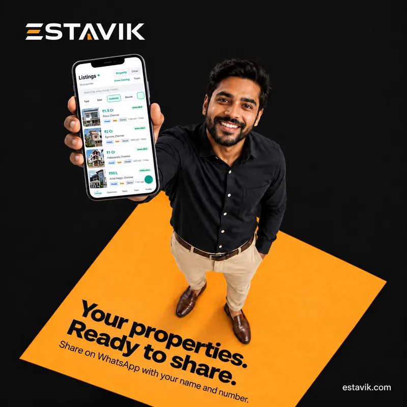 Estavik post on black: a smiling man stands on an orange square and holds out a phone showing property listings. Headline on the square: “Your properties. Ready to share.” Line: Share on WhatsApp with your name and number.