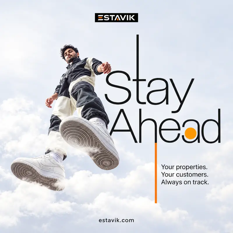 Estavik post: a young man in white trainers leaps toward the camera against a bright sky, beside thin black lettering “Stay Ahead” with an orange dot. Line: Your properties. Your customers. Always on track.