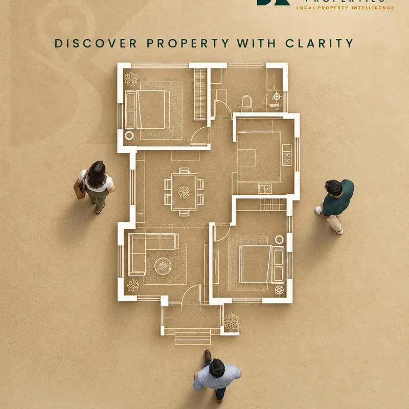 Kanyakumari Properties post: people seen from above walk around a house floor plan drawn on beige paper, under the line “Discover property with clarity”. Footer: Kanyakumari District, Local Property Intelligence. Buy, Sell, Research.