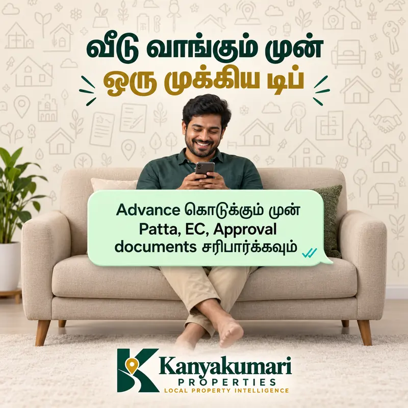 Kanyakumari Properties post in Tamil: a smiling man on a sofa checks his phone under the headline “One important tip before buying a house”. A chat bubble reads “Before paying an advance, check the Patta, EC and approval documents.” Kanyakumari Properties logo at the bottom.