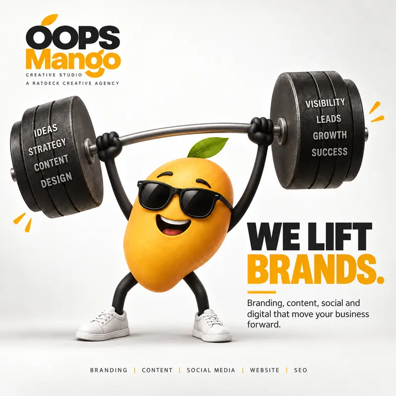 OOPS Mango poster: “We lift brands.” The mascot lifts a barbell with plates labelled ideas, strategy, content, design on one side and visibility, leads, growth, success on the other. Line: Branding, content, social and digital that move your business forward.