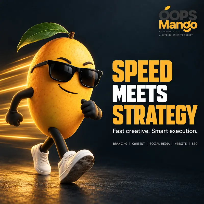 OOPS Mango poster on a dark background: “Speed meets strategy. Fast creative. Smart execution.” The mascot strides forward with light streaks behind it. Services listed: branding, content, social media, website, SEO.
