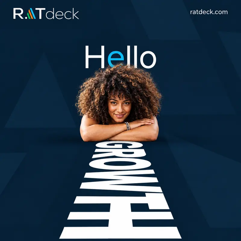 RATdeck post on navy: a smiling woman rests her arms on the word “Growth” painted like a road in perspective, under the headline “Hello”. Line: A stronger website. Better local visibility. Your next opportunity starts here. Button: Get a free website review.