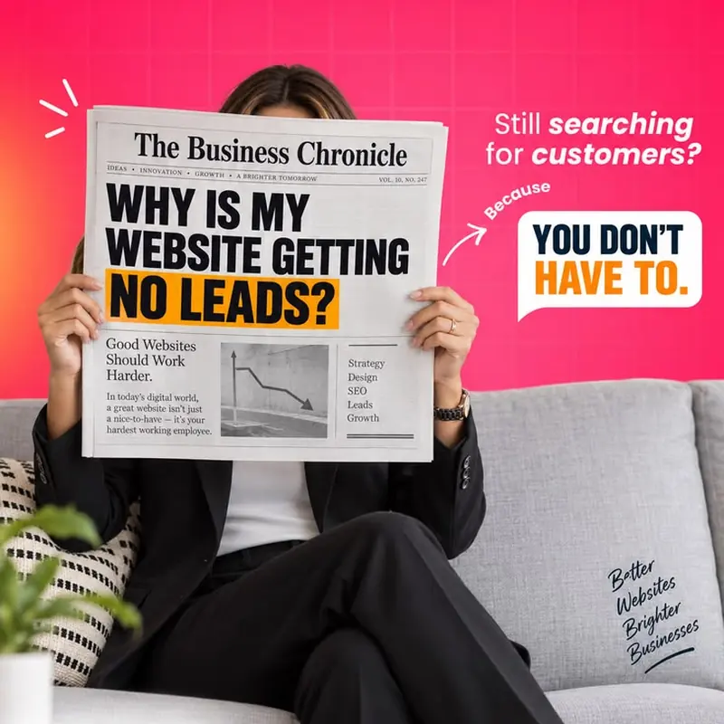 RATdeck post on pink: a woman reads a newspaper headlined “Why is my website getting no leads?” Callouts: “Still searching for customers? Because you don’t have to.” Footer: Websites, SEO, Branding.