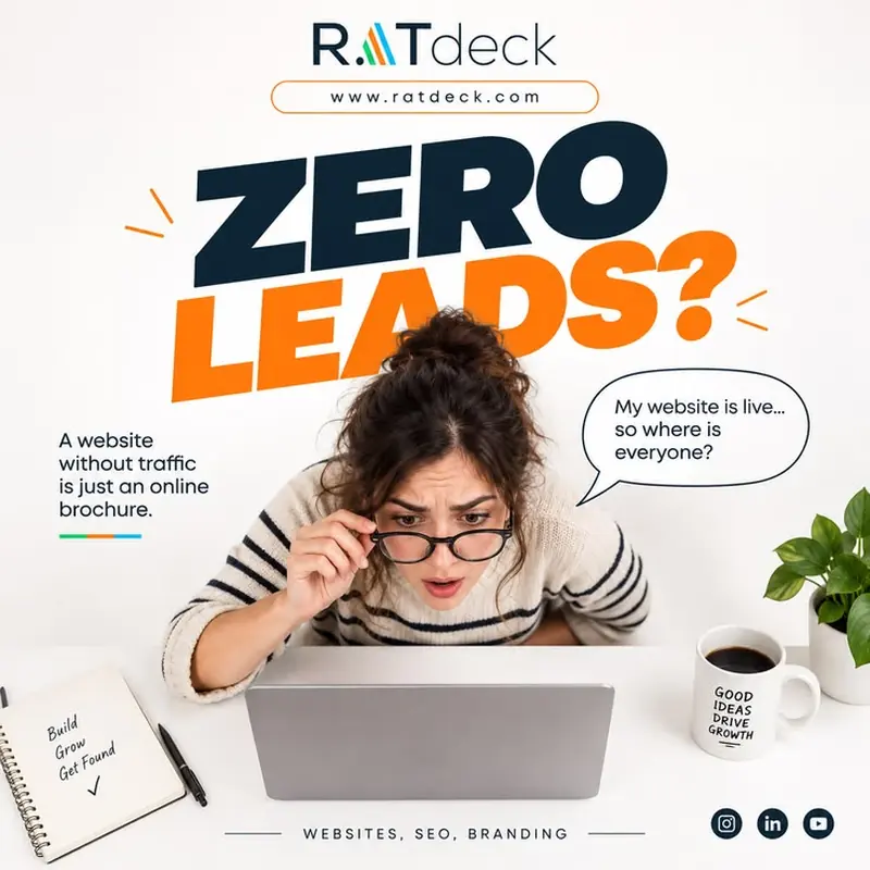 RATdeck post: “Zero leads?” A woman peers over her glasses at a laptop, with a speech bubble: “My website is live… so where is everyone?” Line: A website without traffic is just an online brochure.