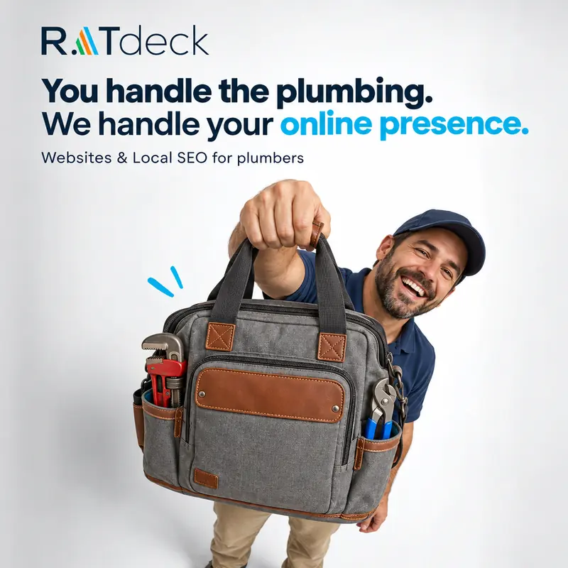 RATdeck post: a laughing plumber holds a tool bag up to the camera. Headline: “You handle the plumbing. We handle your online presence.” Line: Websites and local SEO for plumbers.